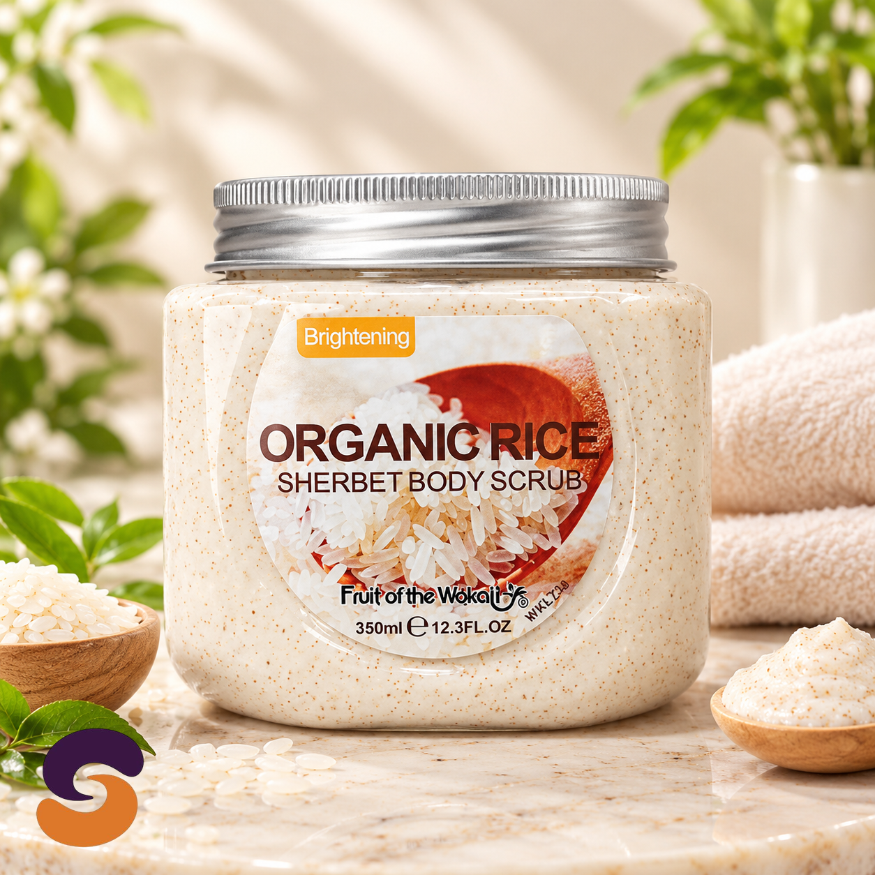 Fruit of the Wokali Organic Rice Sherbet Body Scrub 300ml.